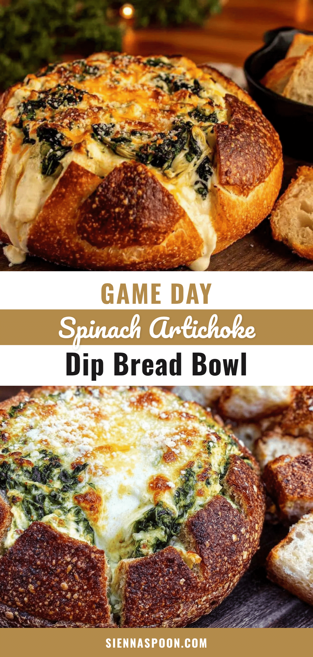 game day spinach artichoke dip bread bowl recipe
